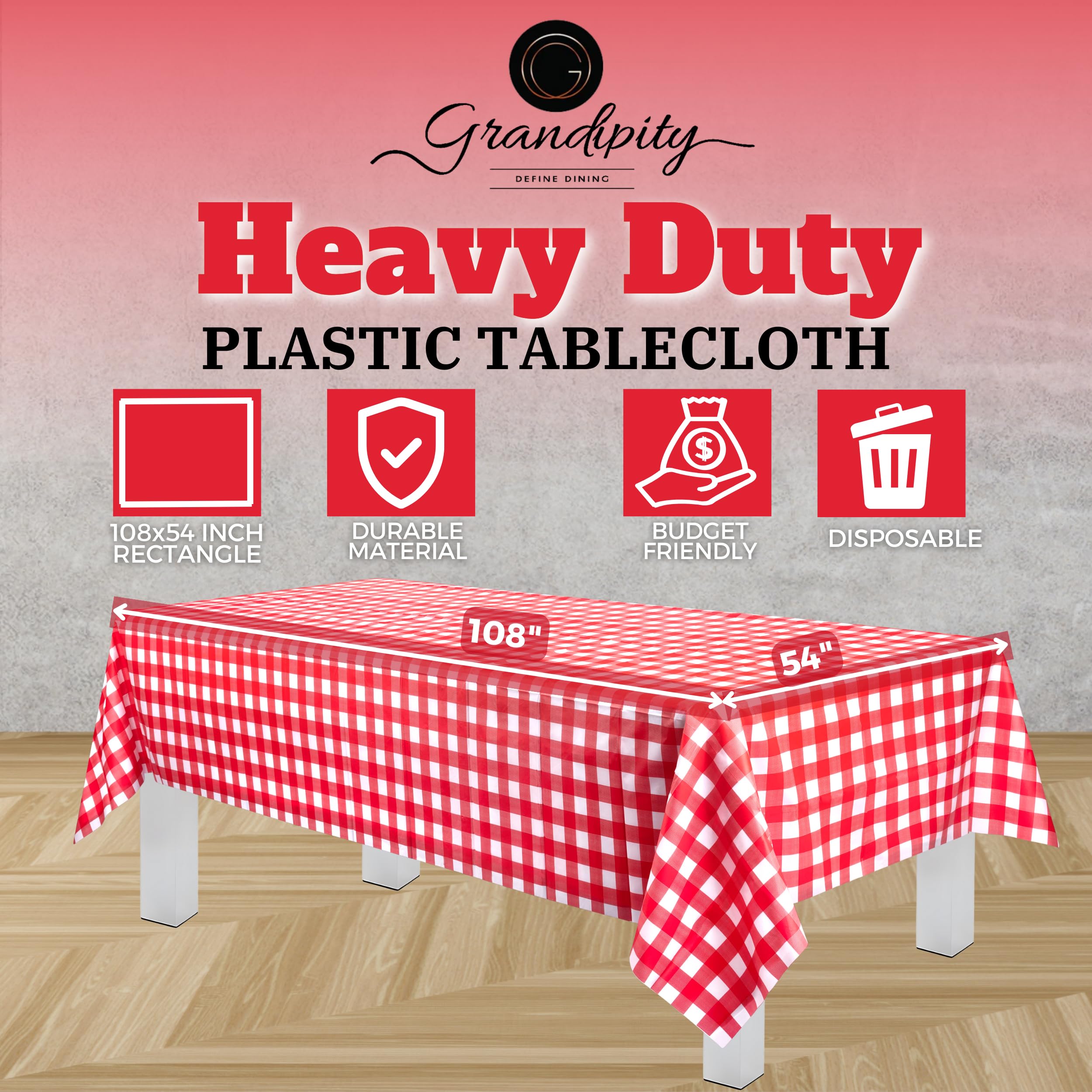 Grandipity Red Gingham Checkered Plastic Table Cloth Disposable (6 Pk) 54In X 108In Plastic Tablecloths For Rectangle Tables - P